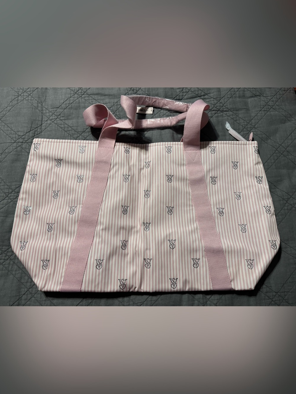 Victoria’s Secret BLING Pink Striped Tote Bag with Pink Handles - Picture 2 of 4